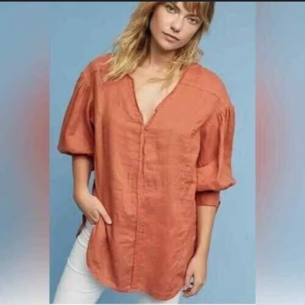 Anthropologie Holding Horses Tunic Top XS Ginnie Linen 3/4 Puff Sleeve Orange